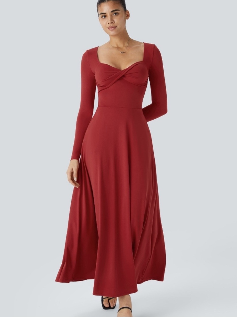 Halara, Sweetheart Neck Long Sleeve Pocket Flare Flowy Maxi Dress, Red, Sz Small